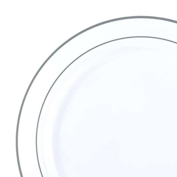Smarty Had A Party 10.25" White with Silver Edge Rim Plastic Dinner Plates (120 Plates), 120PK 110S-CASE - main